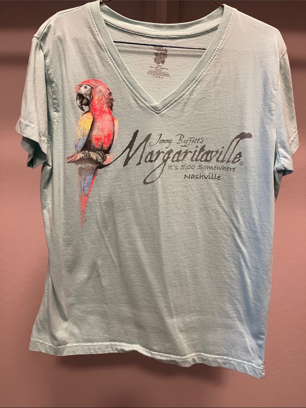Margaritaville Light Aqua Tee with Pink and Yellow Parrot Graphic